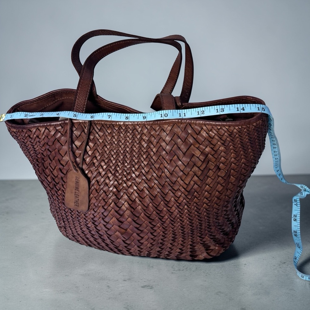 Bottega Style Woven Genuine Leather Tote Bag Brown Leather Shoulder Tote - Picture 8 of 10